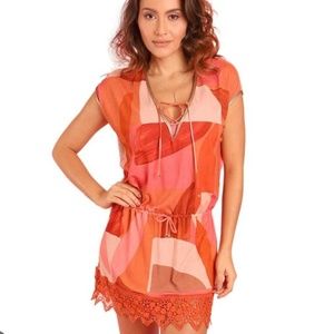 NWT DESPI LUDI Designer CAYMEN DRESS SWIM Brazil Orange Cinched Waist XL HTF